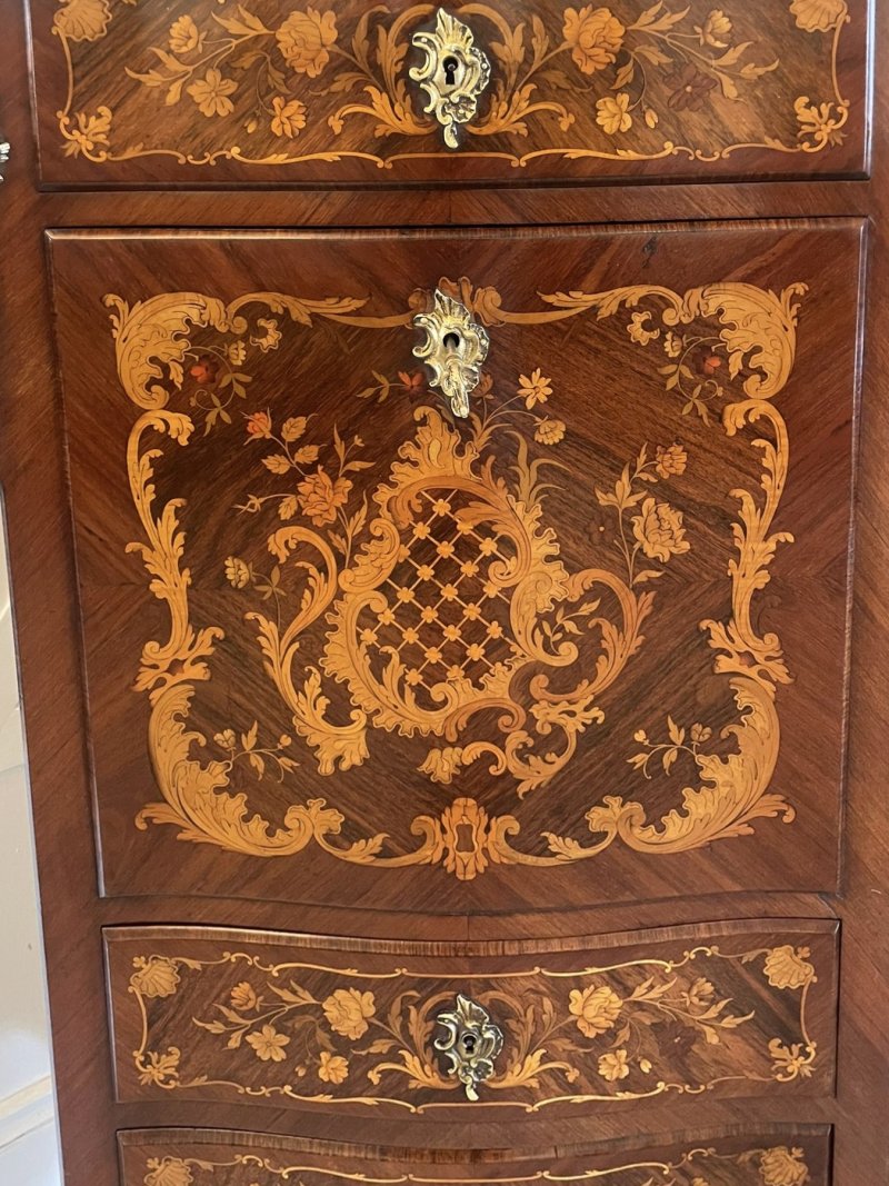 Antique Victorian French Quality Kingwood Marquetry Inlaid Marble Top Bombe Shaped Secretaire Chest - Image 16